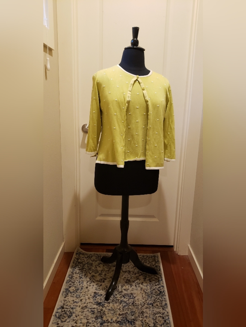 Ruby Rd. Lime Green With White Dots Cropped Cartigan And Shell Twin Set